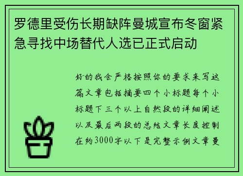 罗德里受伤长期缺阵曼城宣布冬窗紧急寻找中场替代人选已正式启动